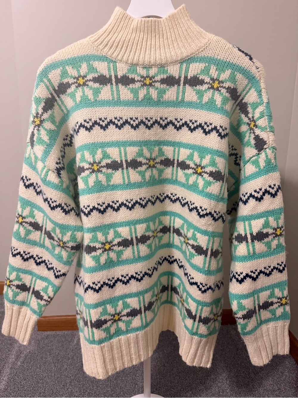 American Eagle Outfitters Cream, Mint & Navy Patterned Turtleneck Sweater